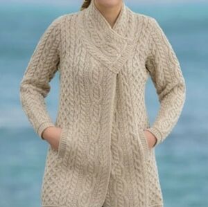 Aran Crafts Ireland Crossover Neck Cable Knit Merino Cream Sweater XXS